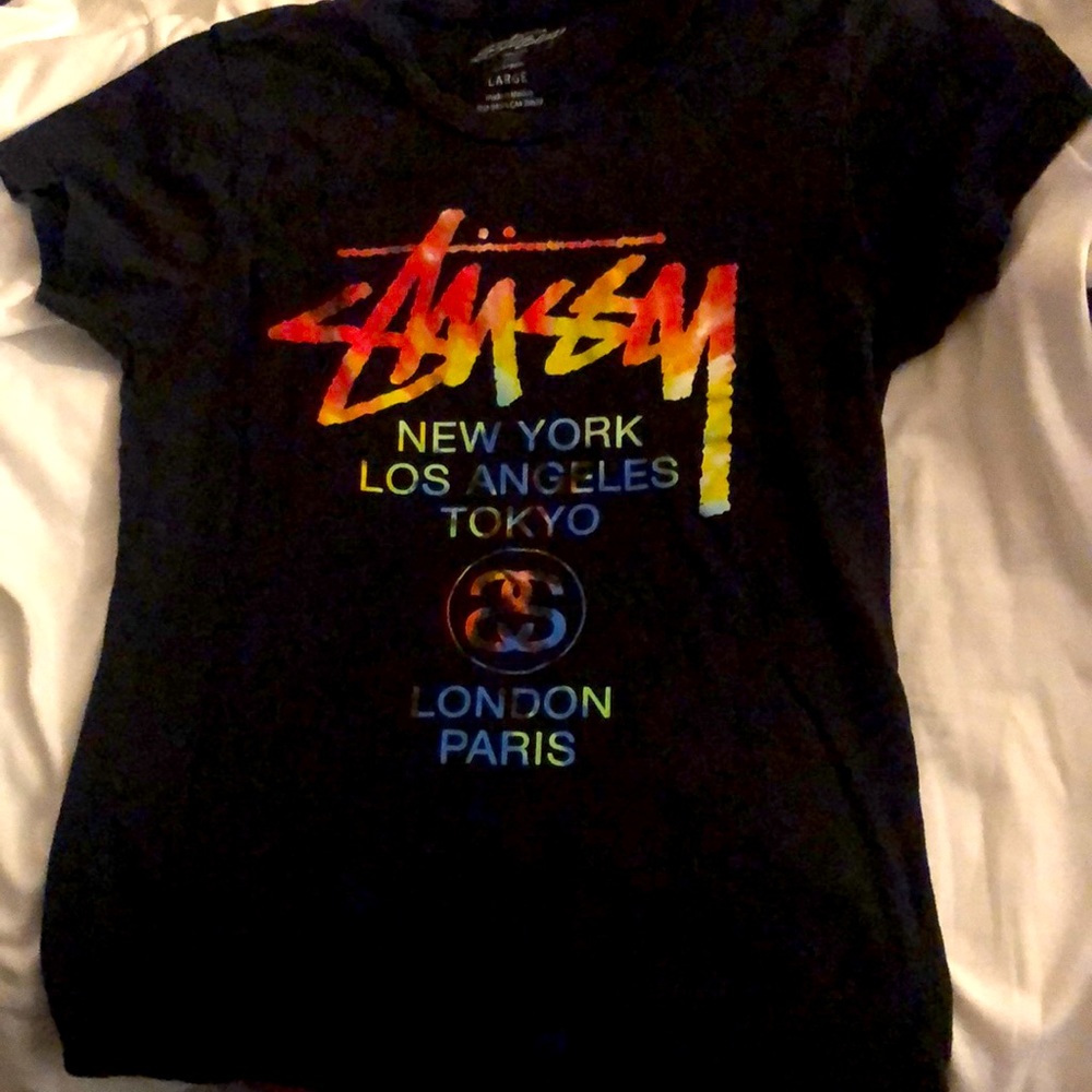 STUSSY black rainbow graphic tee (tagged large)